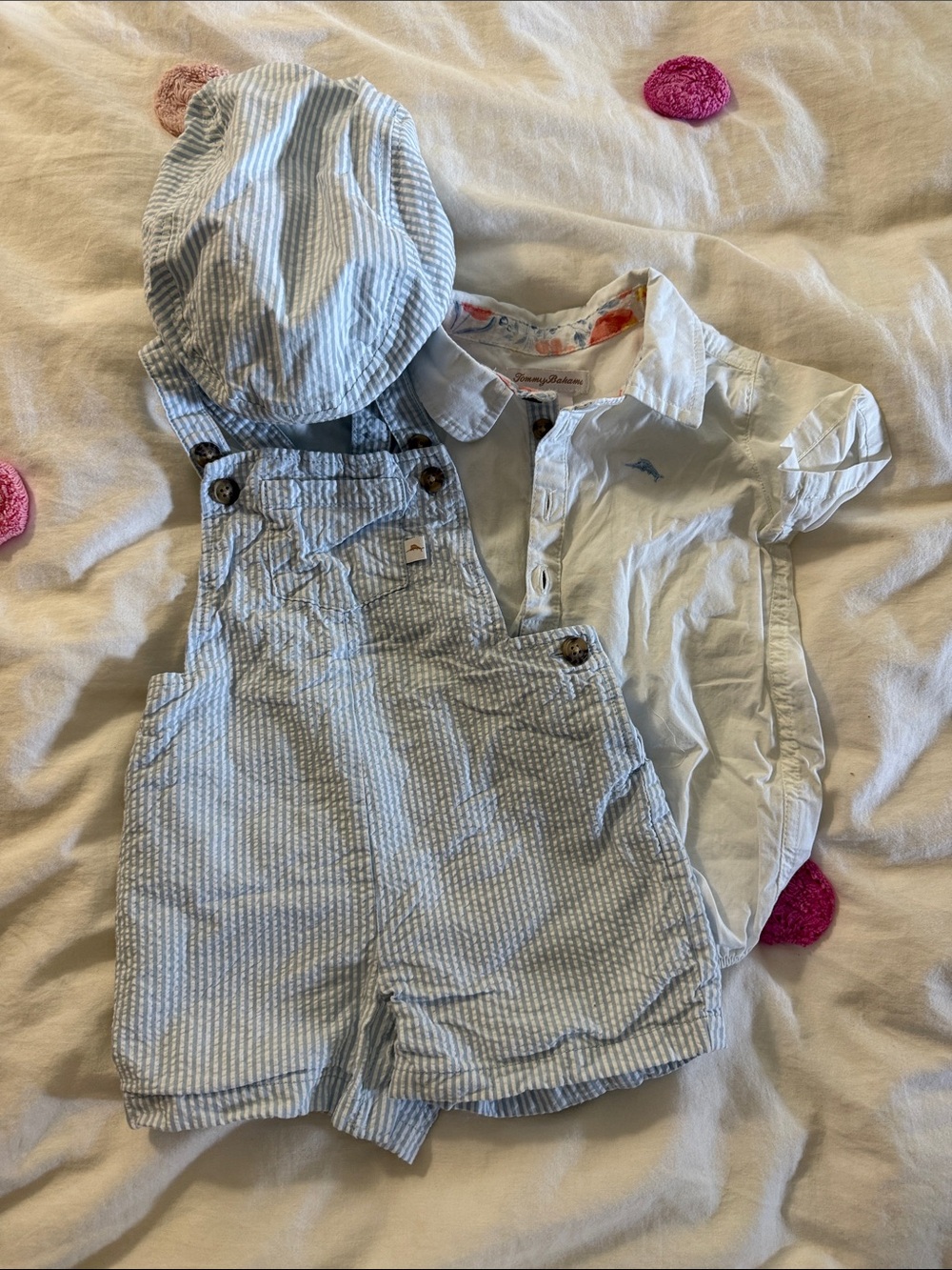 Tommy Bahama Light Blue Seersucker Overalls Set with Hat